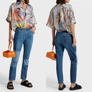 SANDRO Hani zip-detailed patchwork high-rise slim-leg jeans Size 28